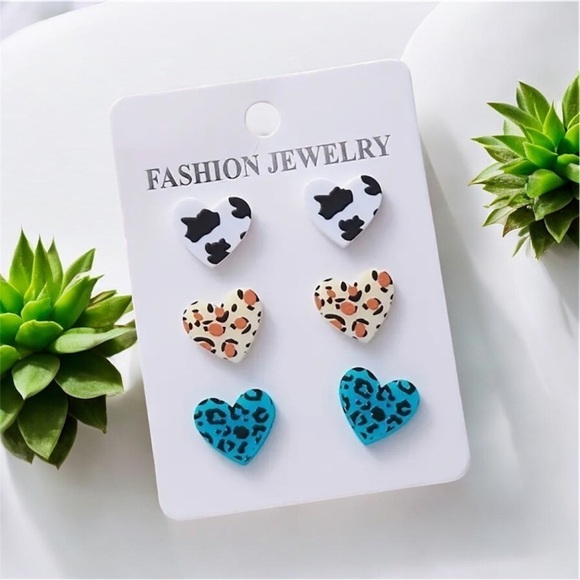 Printed Perfection Boutique Jewelry - Chic 3pcs Set: Leopard & Cow Print Heart Earrings
